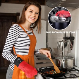 Heat Resistant Silicone Oven Gloves – 425°F Protection, Non-Slip Cooking Mitts for Baking, Grilling, BBQ & Kitchen Use – Waterproof & Easy to Clean – Smart Resistance (Red)
