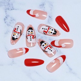 Christmas Press on Nails Almond Medium Length Fake Nails French Christmas Hat Acrylic Nails Glossy Red Almond Nails with Snowmen Design Cute Xmas Glue on Nails for Women Girls