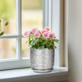 SUNPOTFOR Ceramic Plant Pot 5 Inch - Indoor Planter with Drainage Hole and Saucer, Round Modern Flower Pot for Succulent Plants, Housewarming Gifts, Office Home Desk Decor, Silver