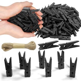 1.35 Inch Mini Clothes Pins for Photo100 Pcs with 32 Feet Jute Twine, Mini Clothes Pins for Crafts, Wooden Small Clothespins for Pictures, Tiny Decorative Clothespins for Baby Shower - Black
