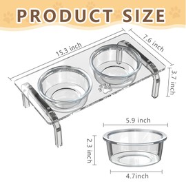 Acrylic Dog and Cat Bowl Holder Set with 2 Removable Thickened Glass Bowls, Dog and Cat Bowl Holder is 3.9 inches high, Perfect for Dog and cat Feeding Utensils