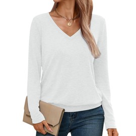 Micticsi Womens V Neck Long Sleeve Shirts Casual Banded Hem Tops Basic Tees Spring Fall Clothes 2025 White Medium