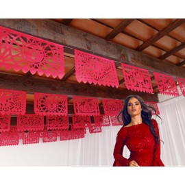 Red Papel Picado Flags, Fiesta Party Decoration, Mexican Paper Banner, Garland, Bunting, Streamers for Birthday Parties, Baby Showers, quinceaneras, Bridal Shower, Engagement Weddings 5 pk | 60ft