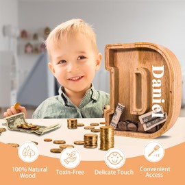JOOMLAFLY Wooden Letter Piggy Bank for Kids 9"Clear Coin Bank with Stickers