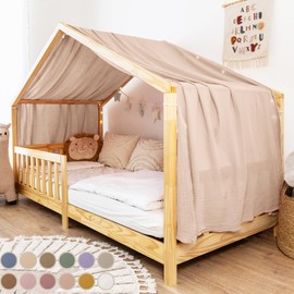 lilimaus House Bed Canopy, Made of 100% Cotton Muslin, Handmade, Fabric Bed Decoration, Girls and Boys, Children, Bed Curtain for Children's Bed, Beige Pink