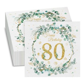GROVBLE Pack of 40, napkins 80th birthday, napkins birthday, napkins eucalyptus green, happy birthday napkins, for decoration 80th birthday girl boy birthday celebrations party anniversary, 33 x 33 cm