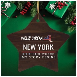 Christmas Ornaments 2024 Valley Stream New York It's Where My Story Begins Keepsake Gift Family Hometown Souvenirs Star Ornament 3" White