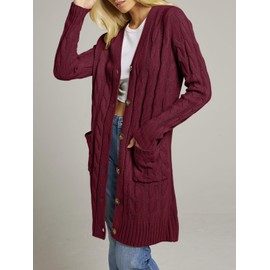 MEROKEETY Women's 2025 Long Sleeve Cable Knit Long Cardigan Open Front Button Sweater Outerwear Wine