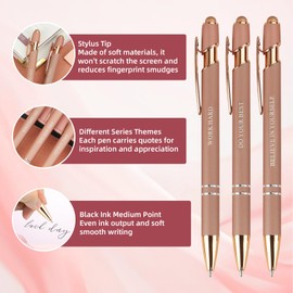 YUN CHUN 3PCS Fancy Pens for Women, Cute Ballpoint Pens Set with Stylus Tip, Best Pen Gift Set for Mom, Pretty Black Ink Pens with Self Motivation Words, Elegant Nice Writing Pens for Mum, Pink