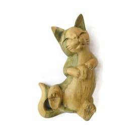 Brave Wings Hand Carved Wooden Cat ~ Cat Playing Ball 15cm Long ~ Ornament Sculpture Figurine Statue Unique Table Decoration Home Decor ~ 5010