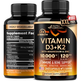 Vitamin D3 K2 - Vitamin D3 10000 iu & K2 as MK-7 120 mcg - Immune & Mood Support, for Bone & Teeth Health - with Magnesium, Zinc & Vitamin C & B12 - Highly Bioavailable - Made in USA, 240 Capsules