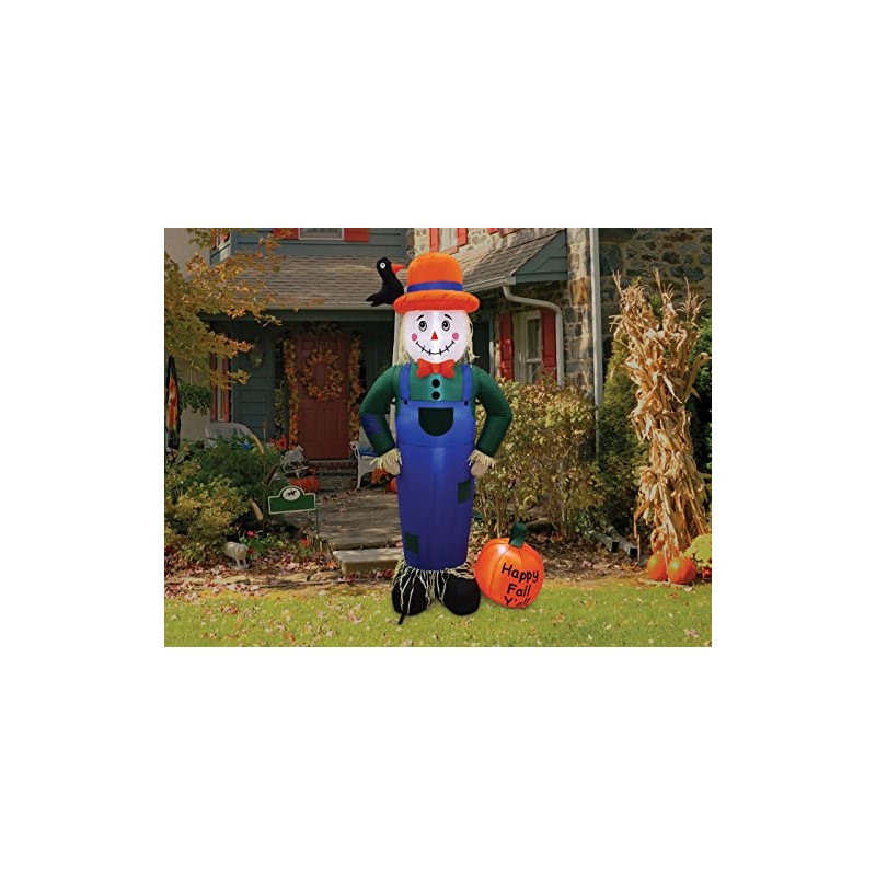7' Air Blown Inflatable Scarecrow Standing Next to Pumpkin Thanksgiving