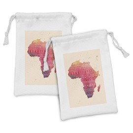 Lunarable Africa Fabric Pouch Set of 2, Watercolor Grunge Art Style Silhouettes of Continent Map and Name, Small Drawstring Bag for Toiletries Masks and Favors, 9" x 6", Champagne and Multicolor