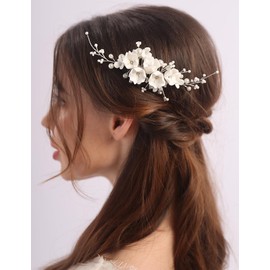 BERYUAN Pearls Flower Hair Side Comb Silver Wedding Hair Comb White Flower Pearls Bridal Headpiece Elegant Flowers Pearls Hair Accessories for Wedding Bride Wedding Hair Comb for Women Girls