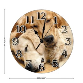 Vintage Two Golden Retrievers Funny Wall Clock 12x12 inch Silent Non-Ticking PVC Clock Battery Operated Bedroom Living Room Home Wall Hanging Decor Art