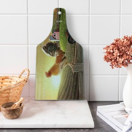 Lunarable Country Cutting Board, Farm Barn Yard Image with Rooster Animal Early Bird Nature and Rising Sun Print, Decorative Tempered Glass Cutting and Serving Board, Wine Bottle Shape, Pale Brown Red