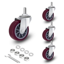Swivel Caster Wheels Threaded Stem Casters Set of 4 Heavy Duty 1/2"-13 x 1" (Screw Diameter 1/2", Length 1") Polyurethane Industrial Castors Wheels for Cart, Furniture and Workbench (Red, 3 inches)