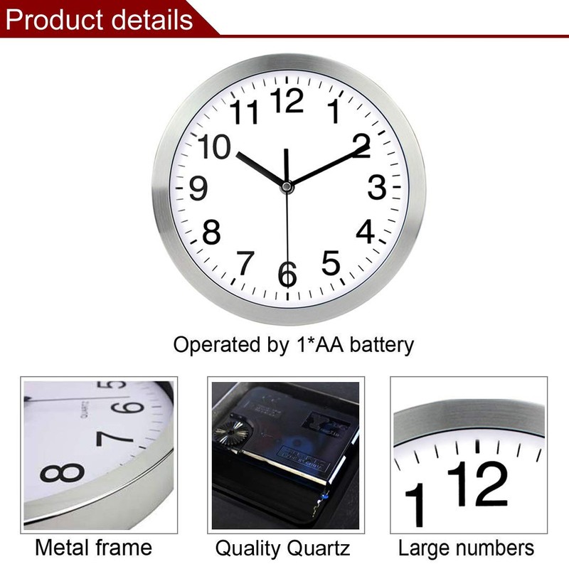 Wall Clock 12 Inch Metal Frame Glass Cover Non-ticking Number