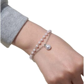 Aneneiceera Boho Layered Pearl Pendant Bracelet Beadded Chain Bracelet Fashion Pearl Bracelet Silver Hand Chain Wedding Jewelry for Women and Girls Bridesmaid Gifts(Silver)