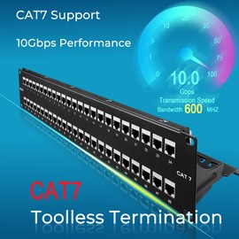 Rapink Patch Panel 48 Port Cat7 with Inline Keystone 10G Support, Coupler Patch Panel STP Shielded 19-Inch with Removable Back Bar, 2U Network Patch Panel for Cat7, Cat6, Cat6A, Cat5e Cabling