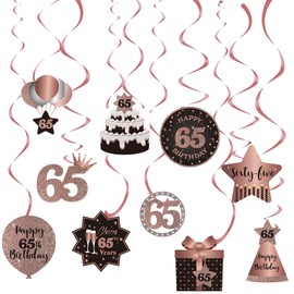 Happy 65th Birthday Party Hanging Swirls Streams Ceiling Decorations, Celebration 65 Foil Hanging Swirls with Cutouts for 65 Years Old Rose Gold Birthday Party Decorations Supplies