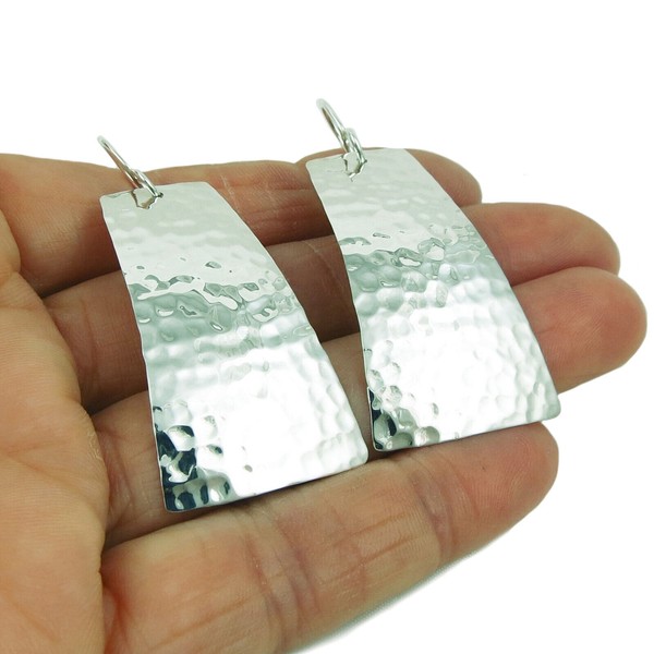 Large 925 Sterling Silver Curved Hammered Drop Earrings