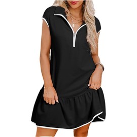 Chvity Women Dresses Casual Colorblock Cap Sleeve Half Zip Black Tennis Mini Dress with Pockets 2025