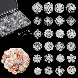 124 Pcs Rhinestone Brooch for Bouquet, Flower Brooch Rhinestone Diamond Brooches Crystal Corsage Boutonniere Stick Pins Embellishments for Crafting Wedding Decor Supplies(Silver)