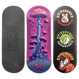 SPITBOARDS 34mm Fingerboard Deck - Real Wood (5-Layers) Classic Popsicle Street Shape - Size: 34 x 96 mm - Single Graphic Deck (Real Wear) - Optimized Concave - Alien Mushrooms