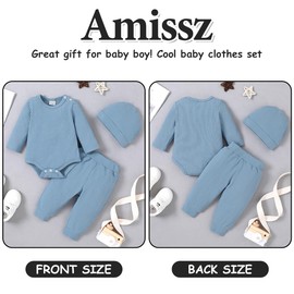 Amissz Newborn Baby Boy Clothes Set, 6-12 months Infant Long Sleeve Romper + Hat + Pants 3pcs Outfits Sets Blue
