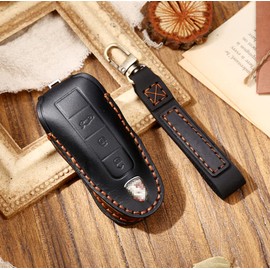 [First choice] Compatible with "Carrera Boxster Cayenne Macan Panamera" (For Panamera 911 Carrera Cayenne Macan Boxster Cayman) Cowhide Leather Key Case Key Cover Key Cover Key Bag (Black, B Type)