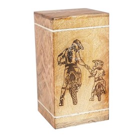 Hind Handicrafts Handcrafted Floral Engraved Wooden Urns for Human Ashes Adult Large - Cremation Urn for Ashes - Burial Urn for Columbarium - Funeral Urn Box (Father Son Riding, 250 LB - Hardwood)