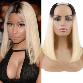 Huarisi Ombre Human Hair U Part Bob Wigs 14 Inch, 10a Short Straight Hair Bob Wig with Black and Bleach Blonde for Women Leave Out, 1B613 Colour Bob Human Hair Wigs None Lace