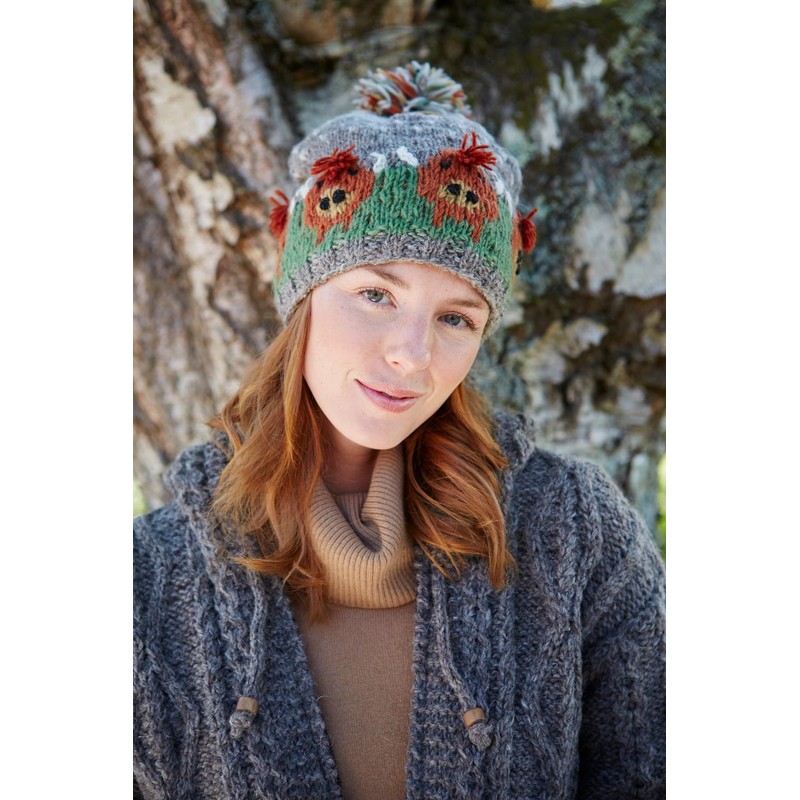 Pachamama Women Wool Bobble Beanie Hat Handknitted Highland Cow Design
