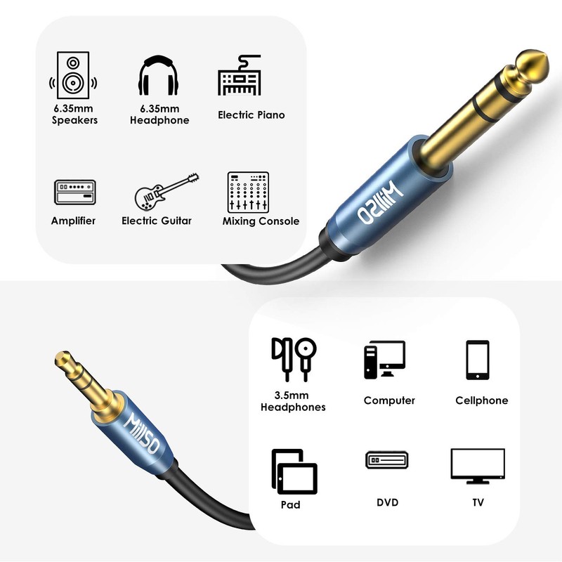 MillSO 6.35mm 3.5mm Converter Cable Male to Male Audio Converter