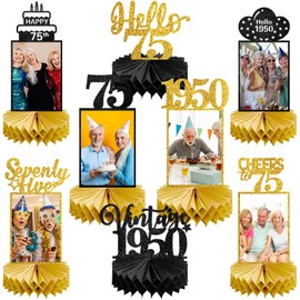 Eucutur 8Pcs 75th Birthday Decorations Honeycomb Centerpieces for Women Men, Black Gold Vintage 1950 75th Bday Photo Table Centerpieces Party Supplies, Glitter Cheers to 75 Year Old Bday Table Topper
