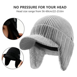 SEEK SURE Visor Beanie Hat with Earflap for Men Women Winter Knit Skull Cap with Brim Warm Headwear for Cold Weather, Black