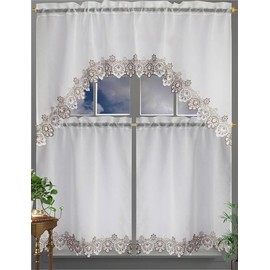 PIC Polyester Floral Kitchen Curtain and Valence Set with Two Tiers, 3 Piece Sheer Curtain Set for Bathroom, Laundry, and Living Rooms, White and Brown