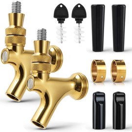 Standard 1-1/8‘’ Beer Faucet Beer Dispenser Tap for Draft Beer Kegerator Tower System Beer Shanks, 304 Stainless Steel Core Smooth Pouring Beer Keg Tap Faucet with Dustproof Plugs Brush (Golden, 2PCS)