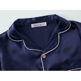 Pijamas de satén para niñas estilo abrigo unicornio y gato seda botón abajo conjunto tamaño 6-16, Azul marino/flor y brillo, 14