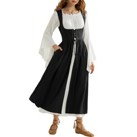 Renaissance Costume Women Black Maxi Dresses Long Sleeve Medieval Dress with Pockets Black L