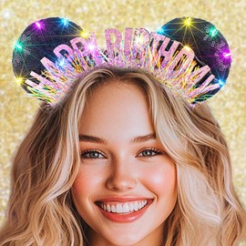 Aceorna Light Up Birthday Mouse Ears Headbands Led Gold Happy Birthdays Hairbands Glowing Birthday Crown Glitter Birthdays Hair Accessories for Women (Pink, One Size)