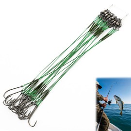 WUBAYI Pack of 20 Fishing Hooks with Leader (20 cm Green) - Steel Leader Pike & Predator Bait, Corrosion-Resistant Carbon Steel, Barbs for Fresh/Saltwater