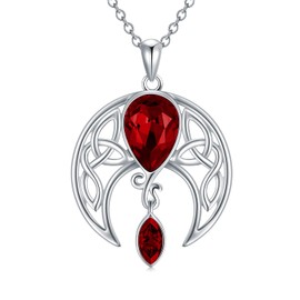 Simulated Garnet Moon Necklace Sterling Silver Celtic Crescent Moon Pendant Irish Good Luck Necklace with Simulated January Birthstone Crystal, Celtic Moon Jewelry Gift for Women Mom Wife
