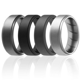 ROQ Silicone Rubber Wedding Ring for Men, Comfort Fit, Men's Wedding Band, Breathable Rubber Engagement Ring/Band, Step Edge, 8mm Wide 2mm Thick, 4 Pack, Black, Dark Silver, Grey, Silver, Size 9
