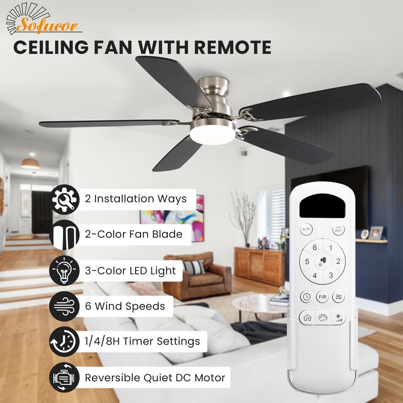 Sofucor 52 Inch Modern Flush Mount Ceiling Fan with Light