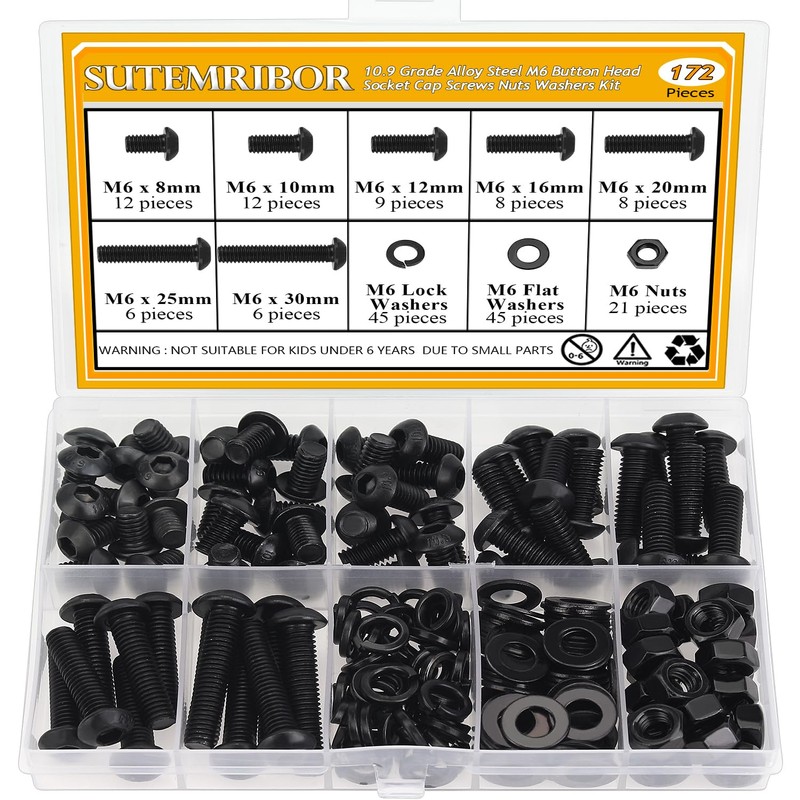 172 Pieces M6 Screws Nuts Washers Set Black, Sutemribor M6