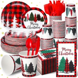 Sinmoe 400 Pcs Christmas Dinnerware Set Disposable Christmas Plates and Napkins Set Serve 50 Winter Xmas Paper Dinner Plates Napkins Cup Christmas Party Supplies for Holiday (Black,red,Tree)