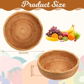 Rattan Bread Baskets 9.5 Inch Natural Round Rattan Fruits Bread Baskets Wicker Serving Storage Bowls, Vintage Hand-woven Wicker Fruit Serving Baskets Bowls for Candy Snack Fruit Kitchen Organizing