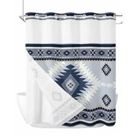 T&H XHome Aztec Shower Curtain, No Hook Shower Curtain with Snap in Liner, Bohemian Ethnic Style Haze Blue Shower Curtains for Bathroom with See Through Top Window, Waterproof & Washable, 72x72 Inch